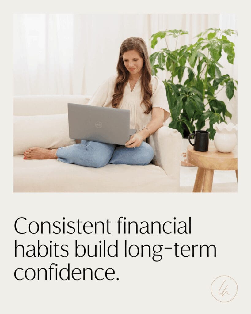 girl sitting on couch working on her end of year financial checklist